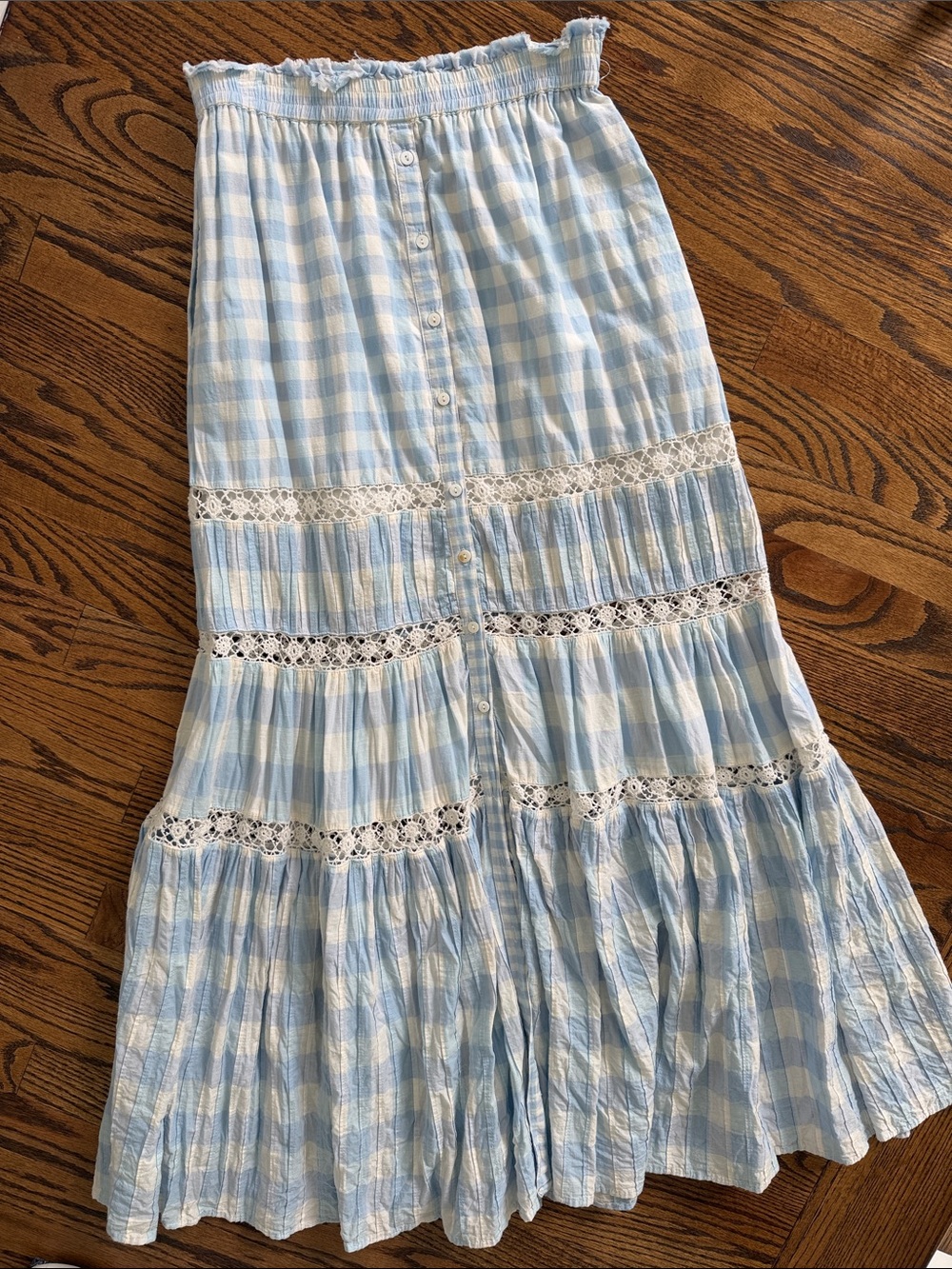 LoveShackFancy Light Blue White Check Gingham Maxi Skirt Size XS